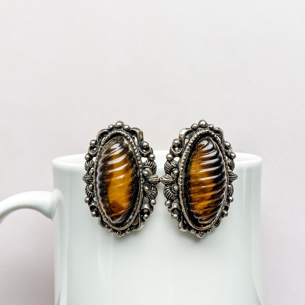vintage brown cabochon Edwardian clip earrings
